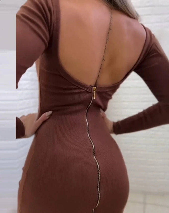 Sexy Womens Dress Summer Sexy Ribbed Square Neck Long Sleeve Zipper n Backless Split Slim Fit Dresses Midi Dresses 240823