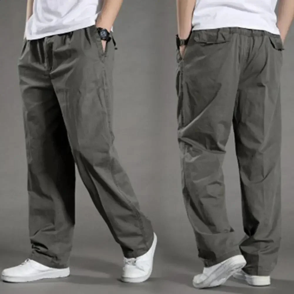 Men Cargo Pants Spring Fall Elastic Waist Drawstring Casual Pants Loose Large Pocket Male Straight Wide Leg Trousers 240822