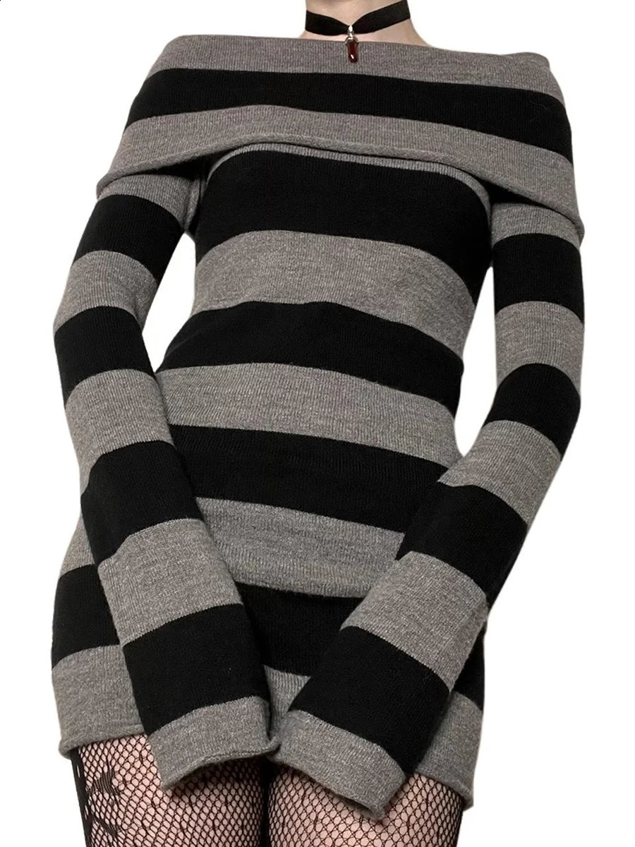 Women Y2K Knit Mini Dress Striped Long Sleeve Off Shoulder Bodycon Short Sweater Dress Trendy Night Club Streetwear 240823
