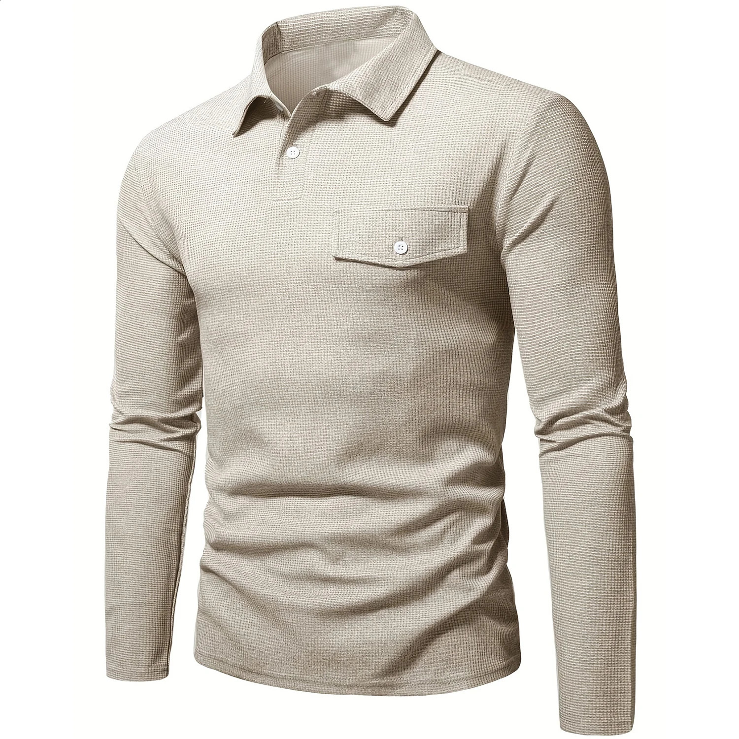 Mens Solid Color Texture Polo Shirt Casual Long Sleeve Regular Waffle Knitted Top with Virtual Pocket 240823