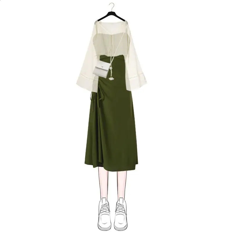 Womens Spring Summer Fashion Long Sleeve Top Shirts Strap Dress Two Piece Korean Elegant in Matching Set Femlae Skirt 240823