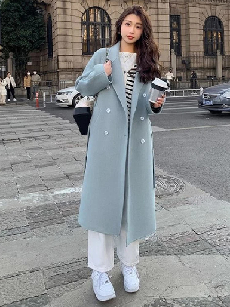 Belt Faux Woolen Coat Women Full Sleeve Double Breasted Notched Female Long Jacket Autumn Fashion Loose Causal Lady Outwear 240822
