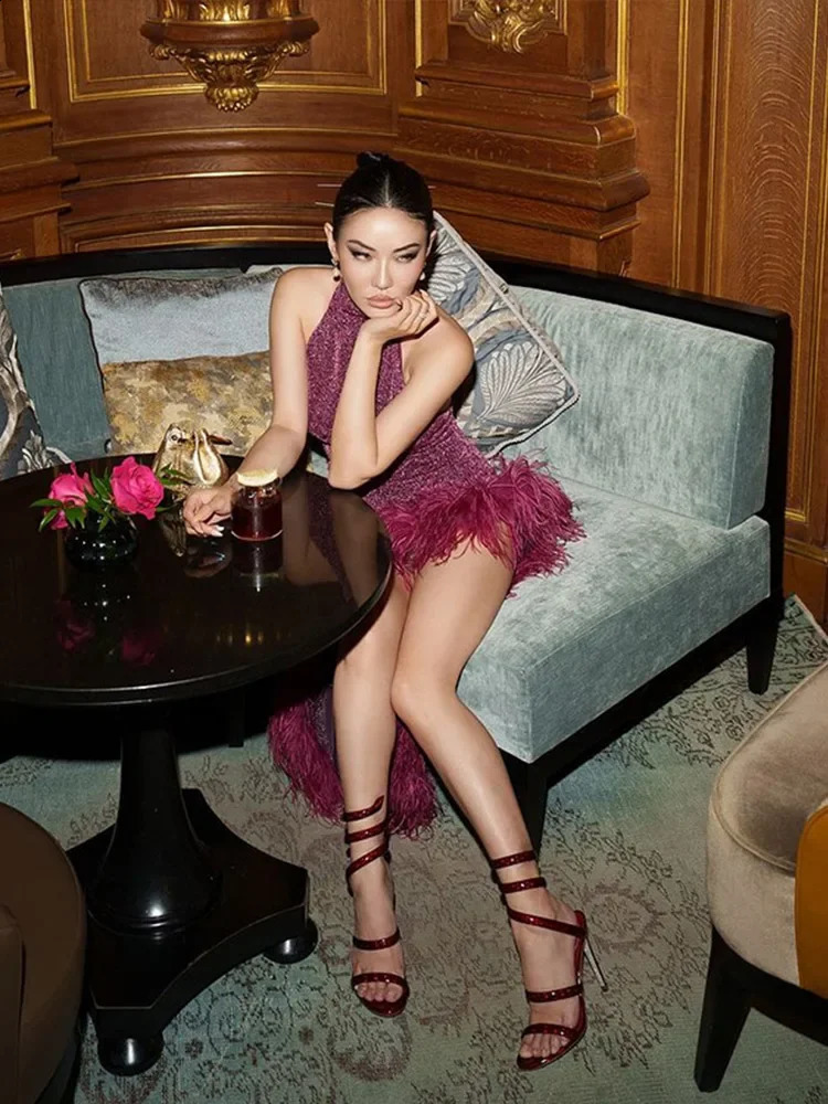 Sexy Sequins Women Party Dress With Feathers Sexy Halter Backless Irregular Short Dresses Fashion Lady Evening Robes 240823