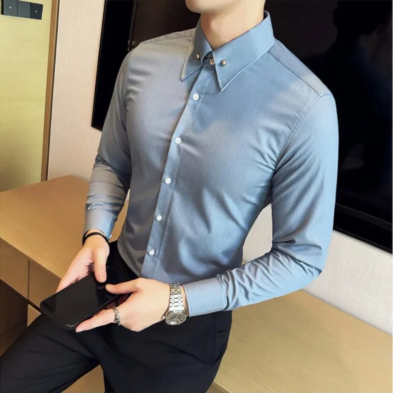 Mens Large Pointed Neck Lapel Shirt Solid Slim Fit Long Sleeved Business Shirt Formal Office Social Party Dress Tops 240822