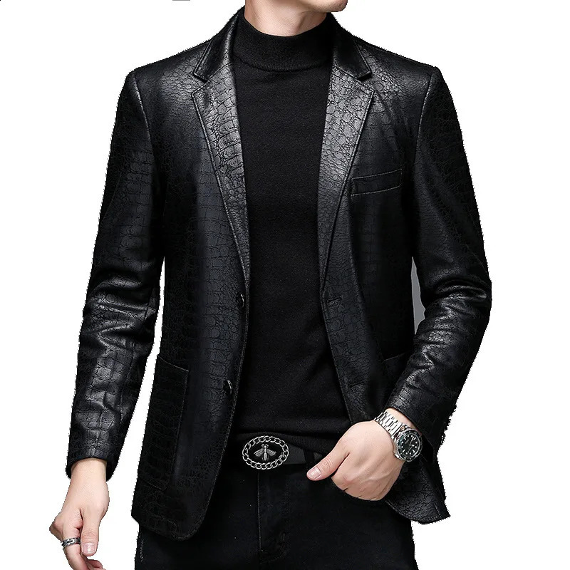 Mens Spring Autumn Vintage Soft Faux Leather Jackets Male Classic Slim Fit Pattern Suit Black Blazers Coats 240822