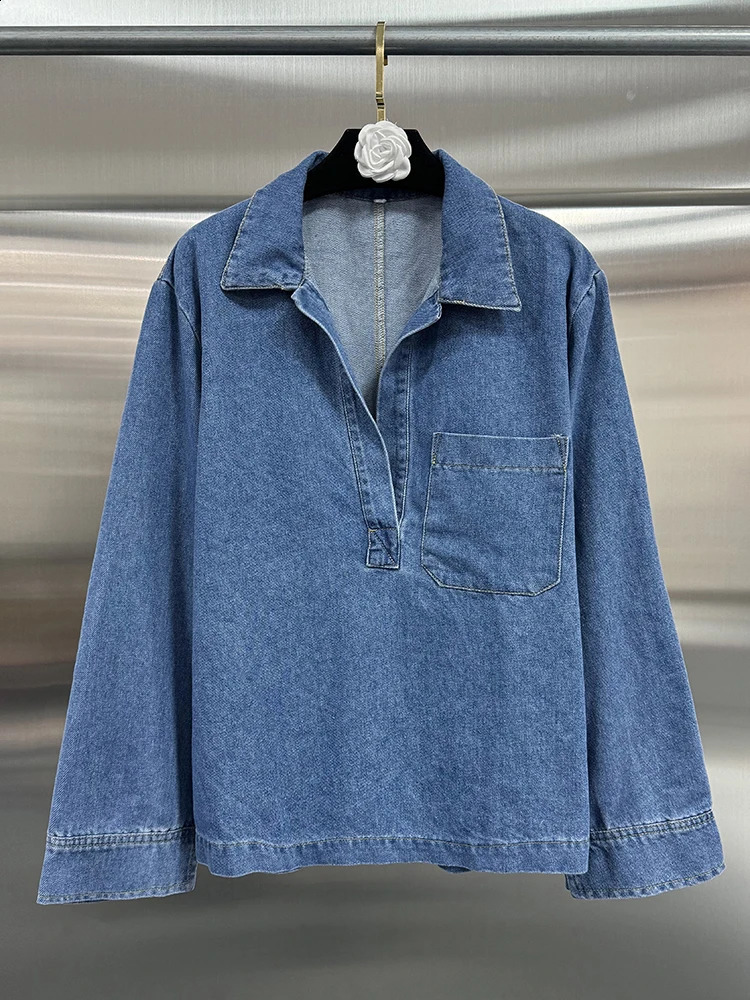 VGH Solid Denim Two Piece Set Womens Collar Long Sleeve Shirt High Waist Loose Wide Leg Pants Minimalist Casual Style 240823 C260312