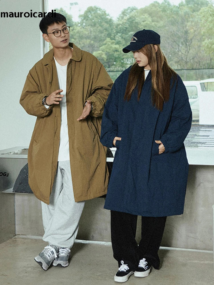 Mauroicardi Spring Autumn Oversized Long Thickened Warm Khaki Balmacaan Trench Coat Men Single Breasted Chic Unisex Clothes 240822