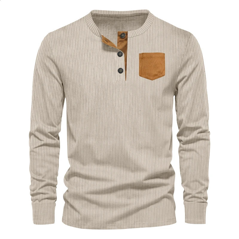 Spring Casual Mens Denim Henley Shirt for European and American Foreign Trade Long Sleeve Patch Bag Tshirt 240823
