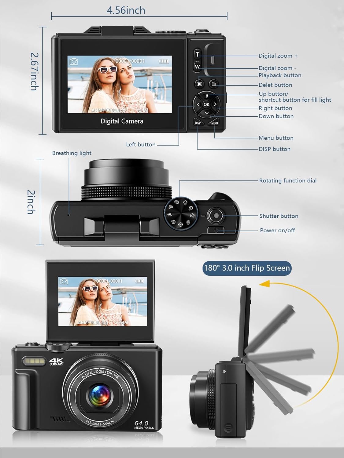 5K 4K Mirrorless Digital Camera 18X Digital Zoom 64MP 75MP High-Definition Cameras with Rotating Screen Flash WiFi for Photography Beginner Children S