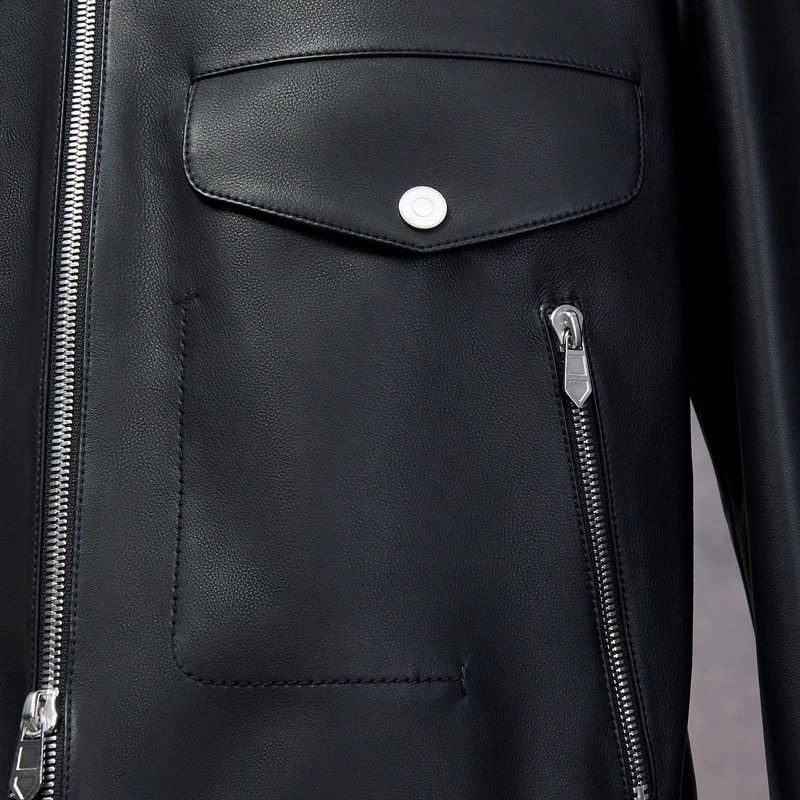 Mens Cowhide Jacket - British Fashion Handsome Black Sheepskin Zippered Stand-Up Collar High-Quality Custom n 240822