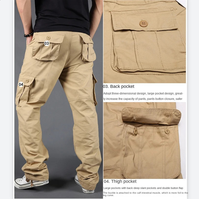 Autumn Winter Mens Pants Outdoor Multi-Pocket Cargo Pants for Men Cotton Plus Size Sports Casual Trousers Khaki Gray Black 240822
