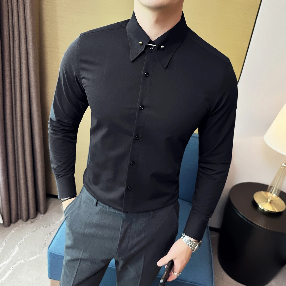 Mens Large Pointed Neck Lapel Shirt Solid Slim Fit Long Sleeved Business Shirt Formal Office Social Party Dress Tops 240822