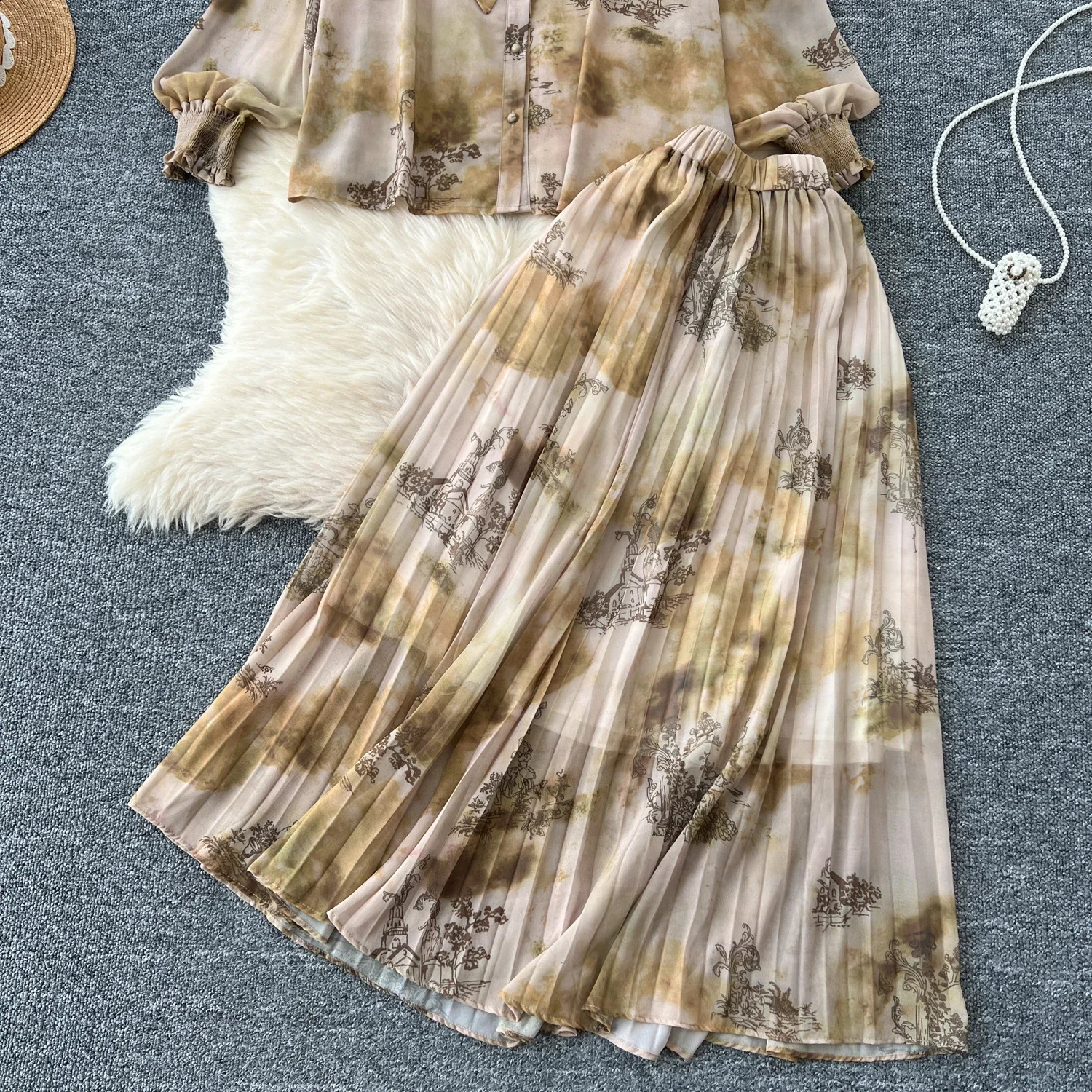 Women Chic Print Sweet Two Pieces Sets Bow Lantern Long Sleeve Top High Waitst Wide Skirt Fashion Summer Sets 240823