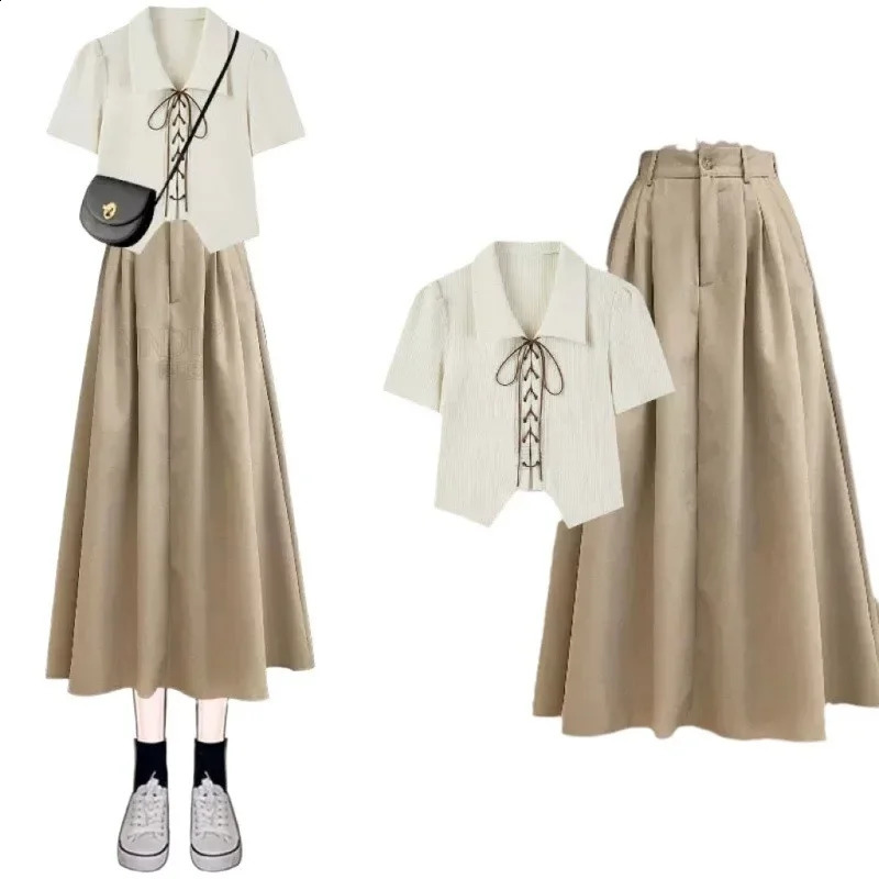 Fashionable High-waisted Sen System Suit Dress Womens 2-piece Set Summer Elegant Shirt Skirt Combo For Women 240823