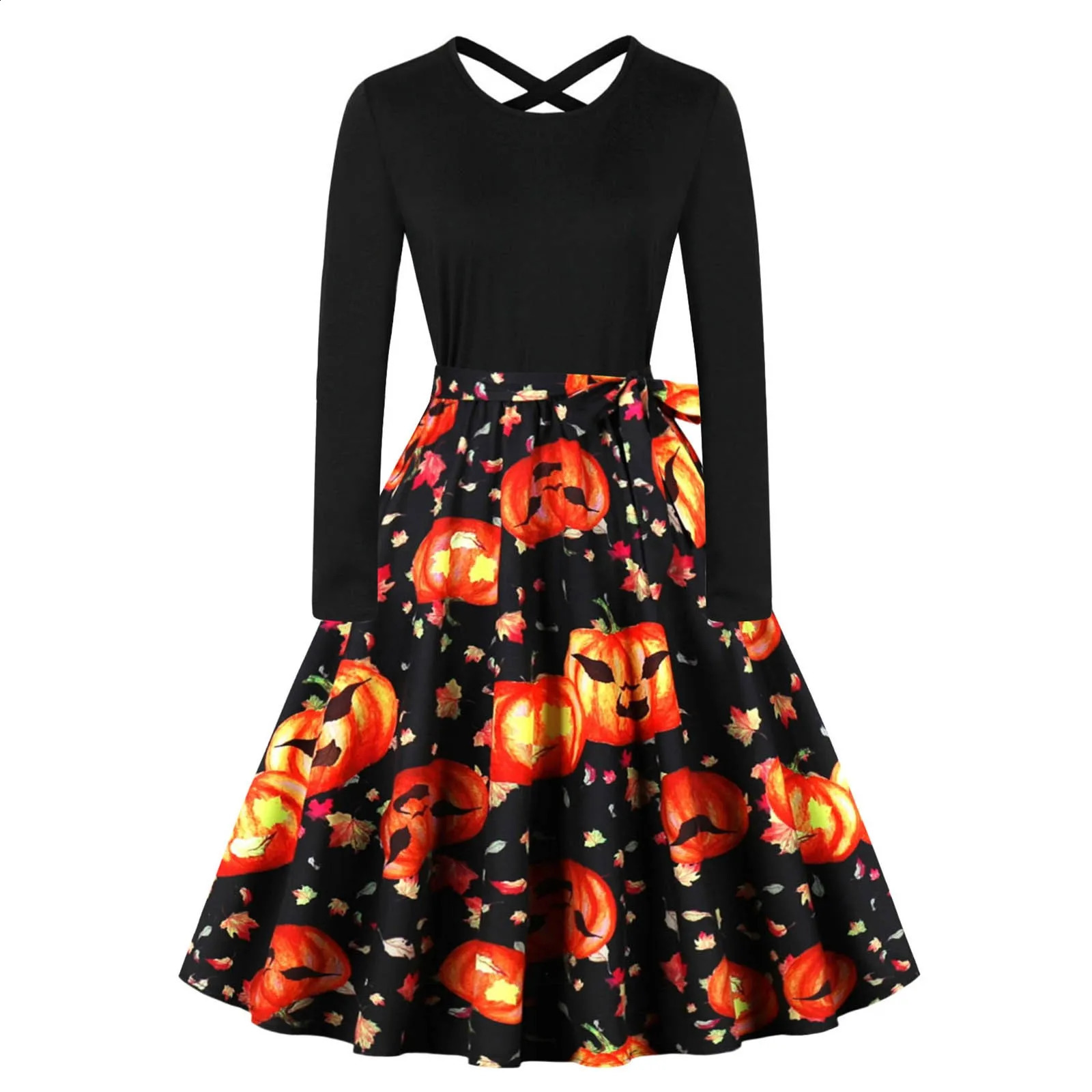 Halloween Christmas Party Dress Womens Long Sleeve Vneck Pumpkin Print Retro Casual Aline Role Playing Tank Top 240823