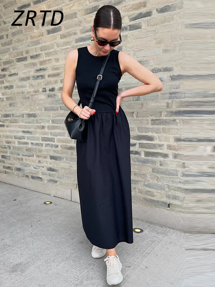 Elegant Patchwork Pleated Long Dress Women Slim O-neck Sleeveless Casual Female Dresses Autumn Lady Solid Vacation Robe 240822