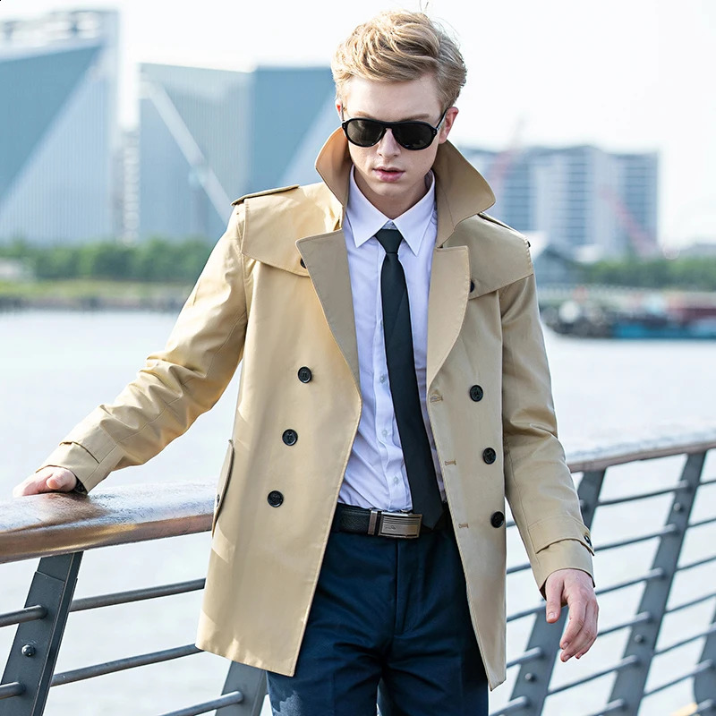 Short trench coat mens double breasted khaki cotton polyester British fashion custom windbreaker jacket for men 240822