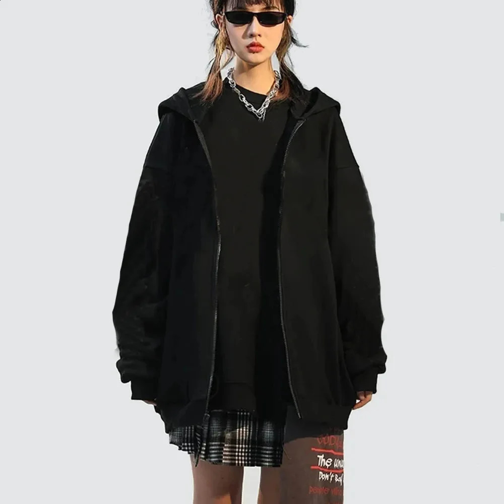 High Street Hoodie Men Solid Color Zip Up Long Sleeve Loose Jacket Coats Casual Hooded Sweatshirt Y2K Fashion Outdoor Clothes 240823