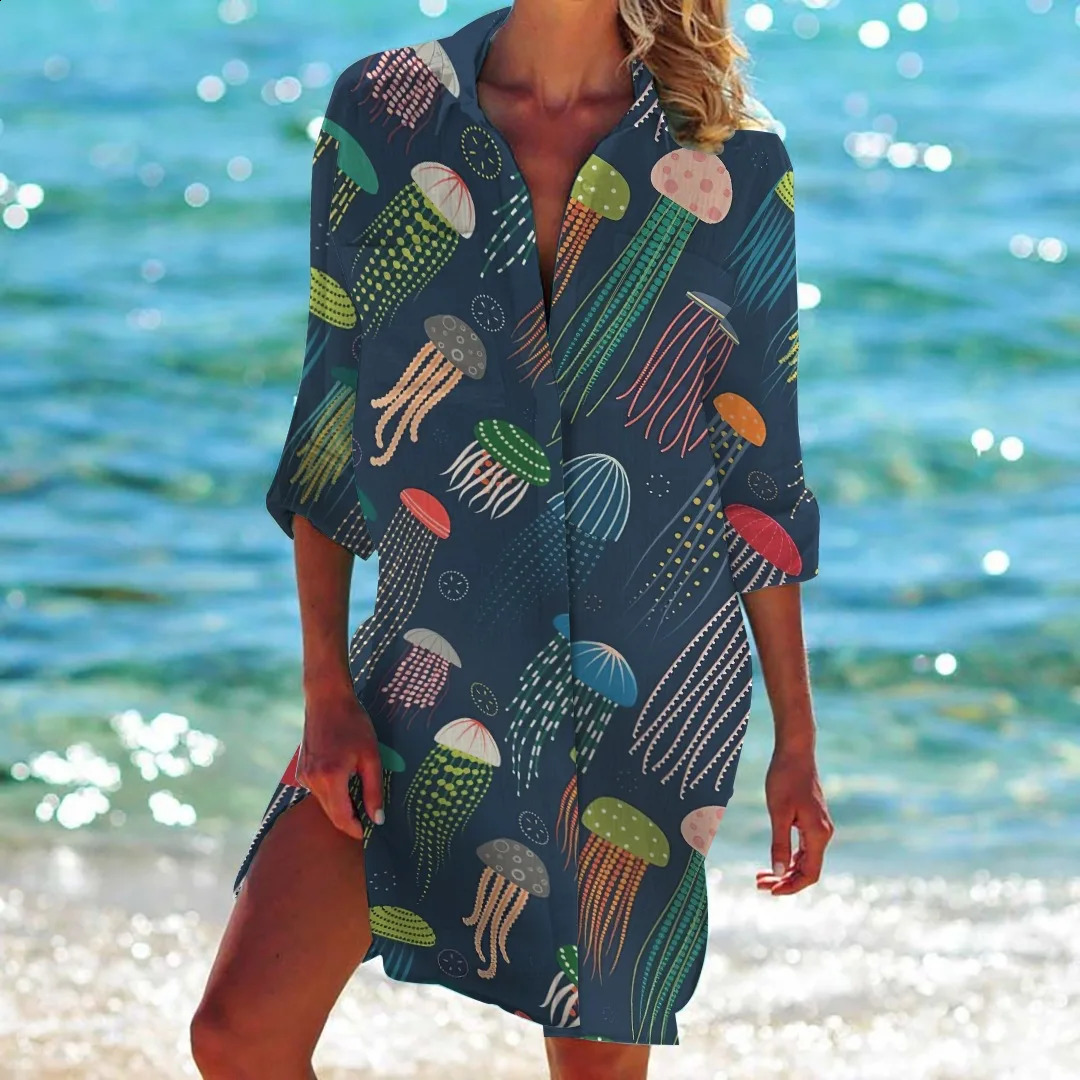 Summer Sea World Starfish 3D Print Blouses Women Long Sleeve Blusas Mid-length Shirts Buttons Shirt Blouse Woman Pocket Tops 240823
