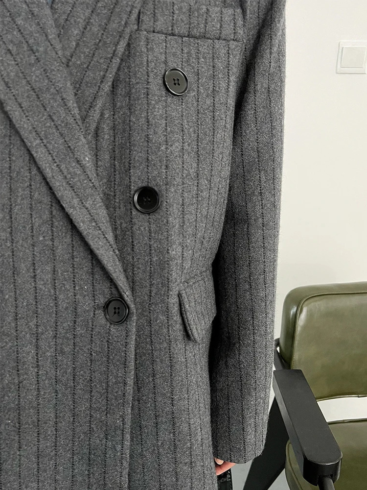 Lautaro Autumn Winter Long Loose Casual Stylish Striped Woolen Coat Women Double Breasted British Style Fashion Overcoat 240822