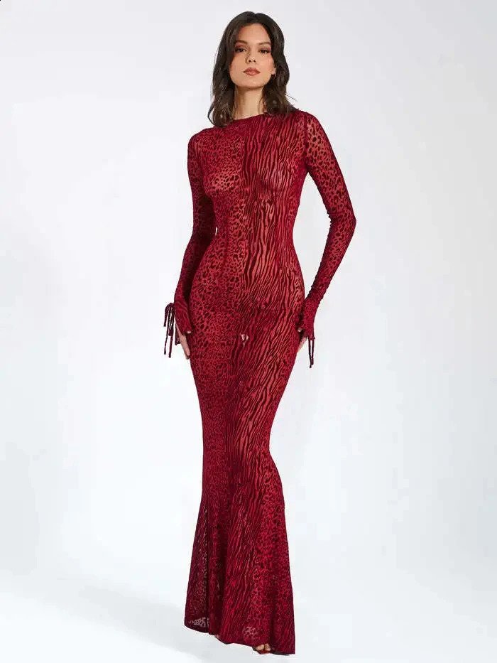 Leopard Bodycon Sheath Sexy Club Women Dresses O Neck Outfits Backless Hollow Out Open Back Mesh Dress Evening Dress Vestidos 240822