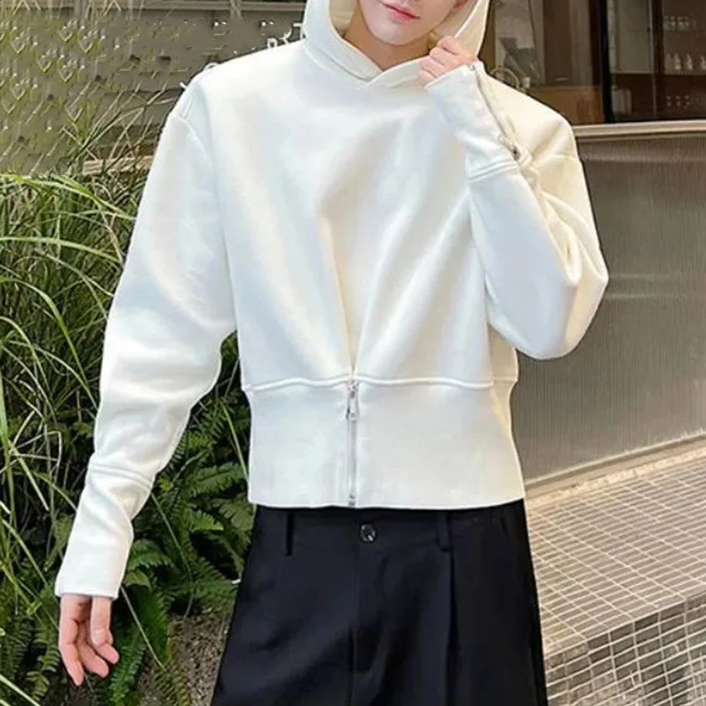 Mens Autumn Korean Y2k Waist Cuff Zipper Slim Waist Short Hooded Sweatshirt Essential Fashion Youth Solid Color Top For Men 240823