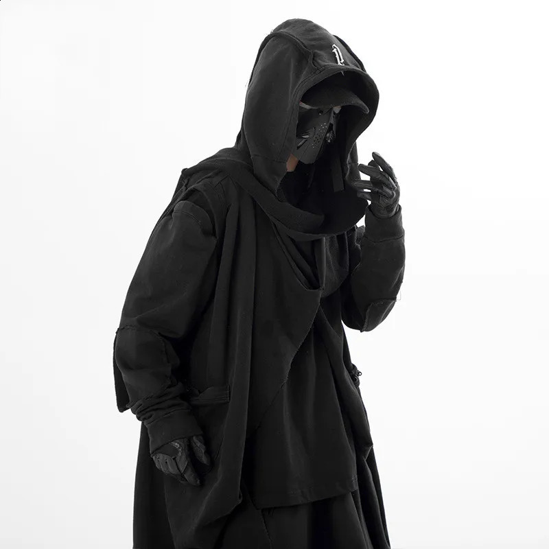 Ripped Hole Hip Hop Punk Trench Coat Destroyed Techwear Hooded Cloak Vagrant Style Vintage Long Jacket Cape For Men 240822