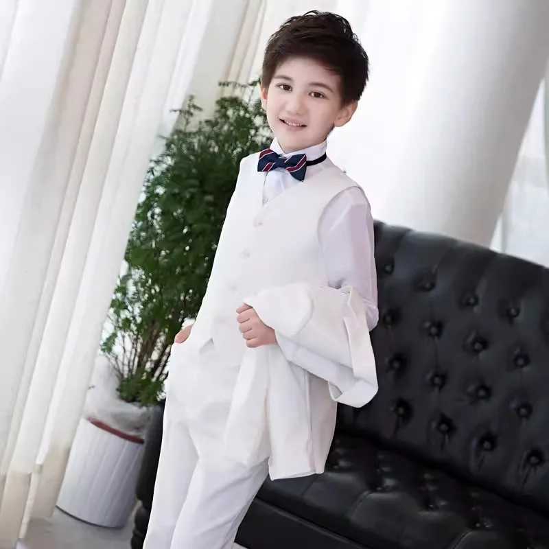 Childrens White Baptist Party Dress Childrens Jacket Vest Pants Tie Ceremony Photography Set Flower Boy Piano Performance Costume W240823