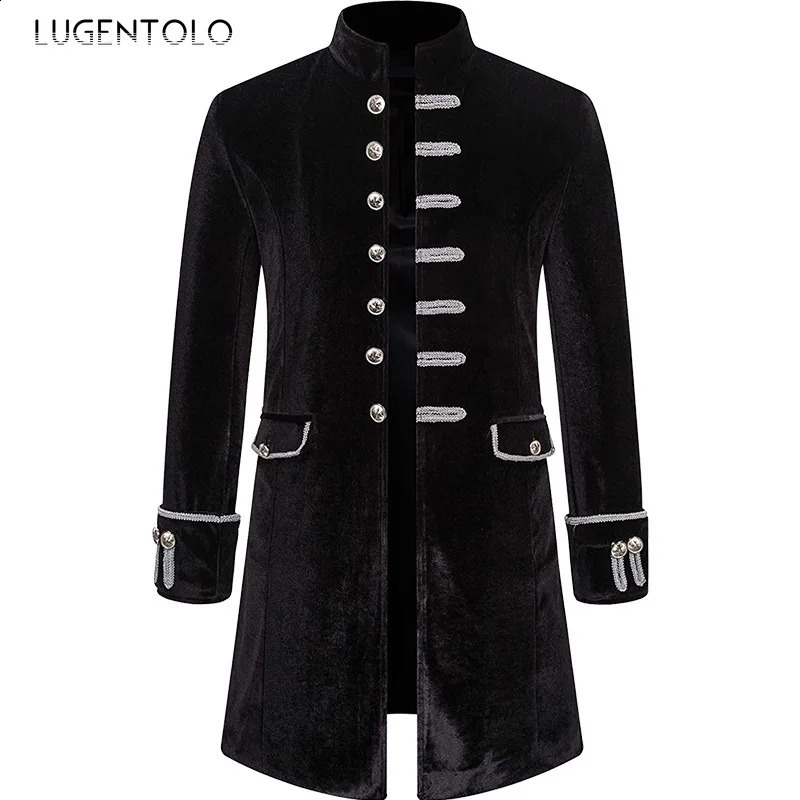 Men Steampunk Coat Fashion Party Medieval Vintage Velvet Uniform Stand Collar Mens Gothic Jacket Single-breasted Solid Trench 240822