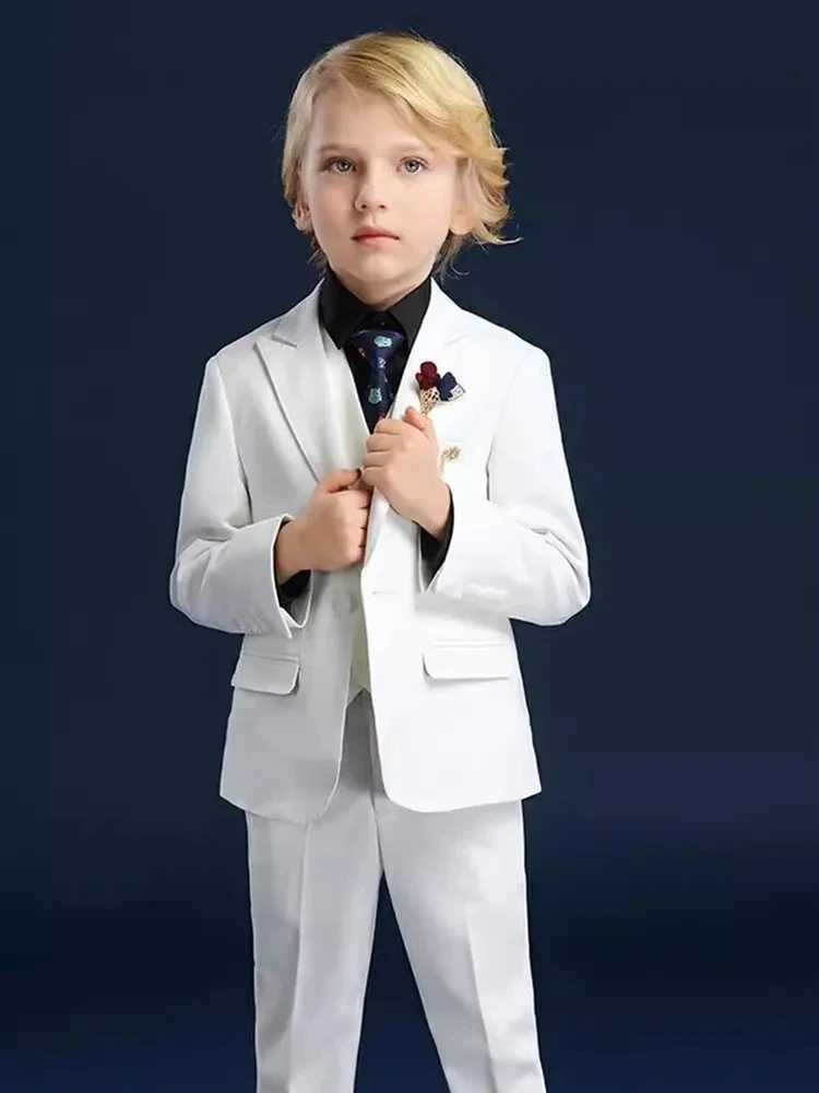 Boys jacket vest pants 3-piece ceremonial photo set childrens piano performance costume childrens luxury white baptismal party dress W240823