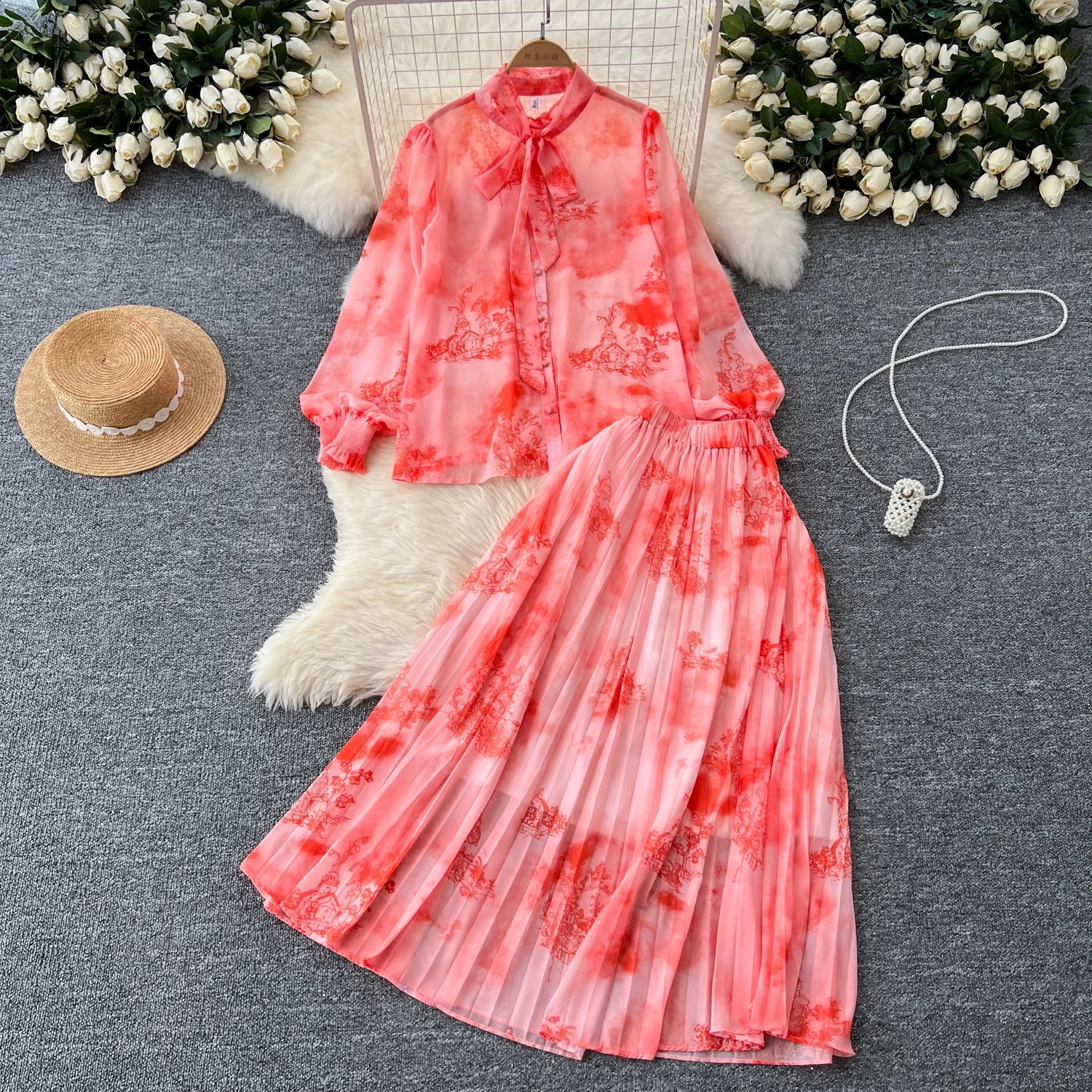 Women Chic Print Sweet Two Pieces Sets Bow Lantern Long Sleeve Top High Waitst Wide Skirt Fashion Summer Sets 240823