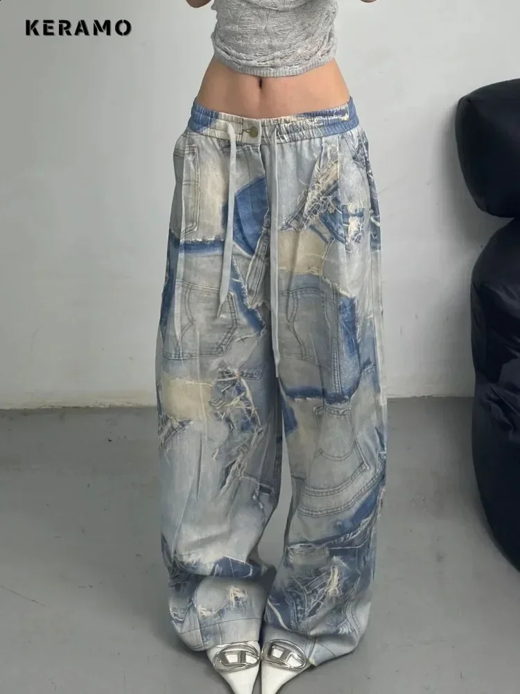 summer womens casual apron brushed jeans retro loose aesthetic wash pants Y2K elastic waist punk bag denim Trouser 240823