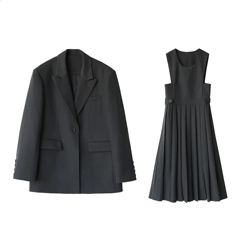 CHIC VEN Fashion Womens Blazer Wide Shoulder Suit Coat Pleated Dress Two-piece Set for Women Spring Autumn Office Lady 240823