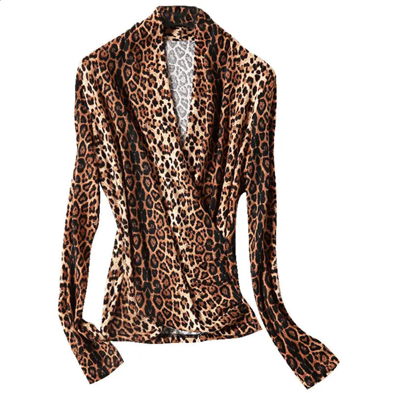 Elegant Vneck long sleeved printed leopard print shirt for womens clothing autumn casual floral full matching office 240822