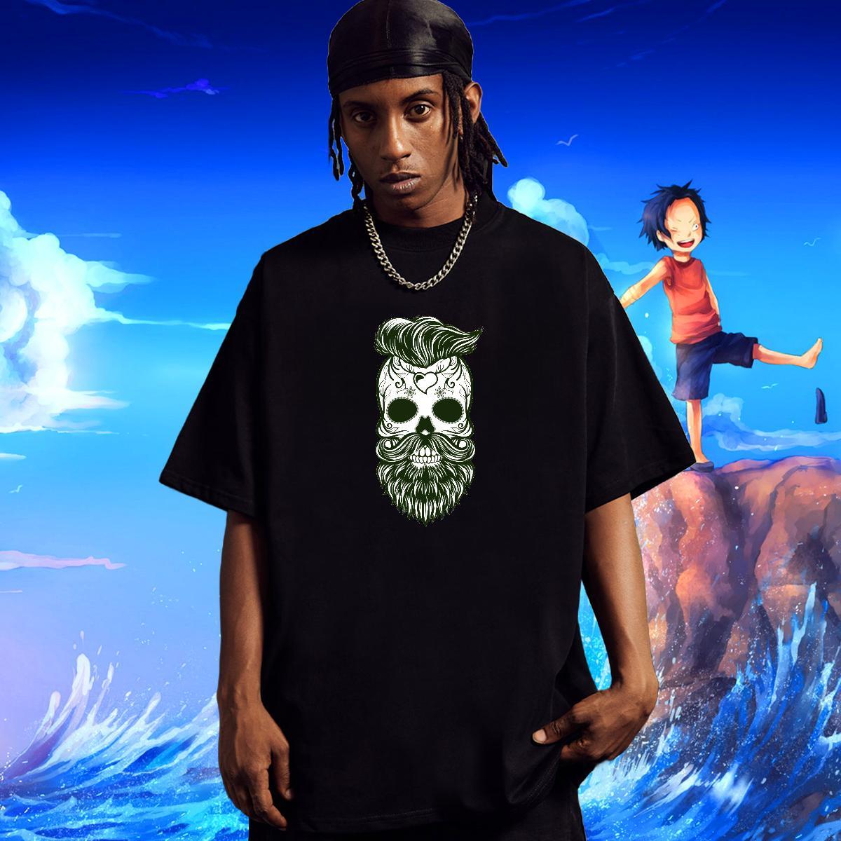 Loose T Shirts Men 100% Cotton 230g skull High Street Hip Hop Customized Round Neck Short Sleeve Tshirts Fashion Design Tops