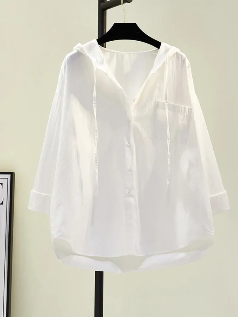 Blusas Mujer De Moda Oversized Tops Long Sleeve Fashion Korean White Blouse Women Shirt Hooded Casual Cotton Blouses 240823