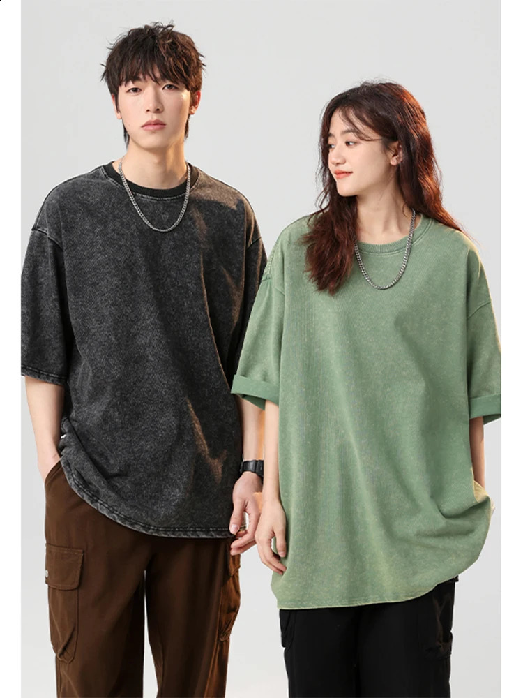 260G thick cotton summer wash Tshirt mens Korean couple Y2K loose top casual short sleeved oversized unisex 240822