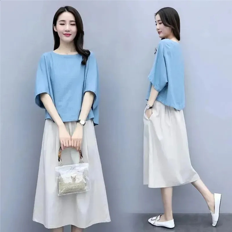 Large Size Outfit Ladies 2PCS Cotton Linen Skirt Suit Women Summer Two-Piece Fashion Bat Sleeve T-Shirt Slimming Set 240823