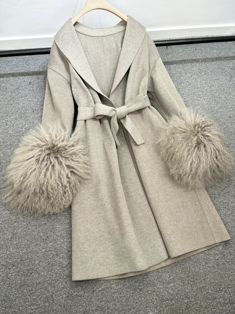Highend Fluffy Mongolian Fur Cuffs ing Double-Sided Cashmere Jacket Women Suit Collar Sashes Long Wool Trench Coat 240822