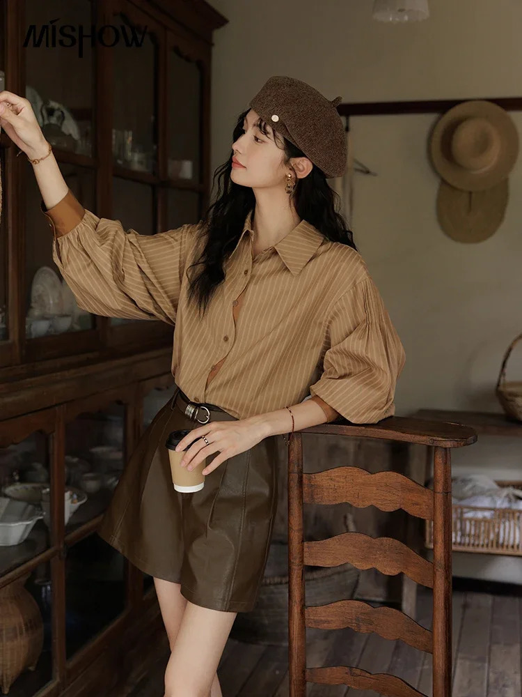 MISHOW Striped Casual Shirt for Women Autumn Retro Lapel Long Sleeve Top Contrasting Cuffs Shirts Office Lady MXD42C0301 240823