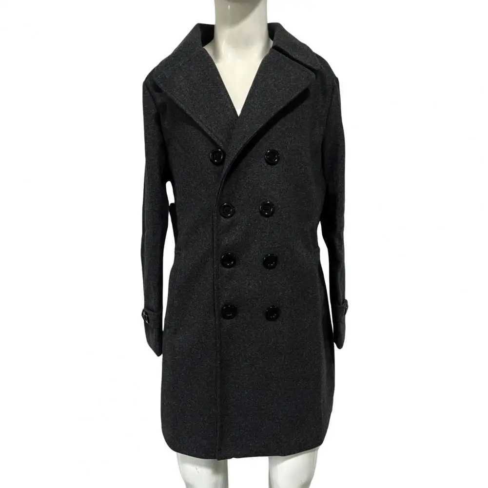 Men Business Overcoat Mens Double Breasted Long Woolen Coat with Lapel Pockets Solid Color Mid-length Outwear for Winter WarmthXJ240822