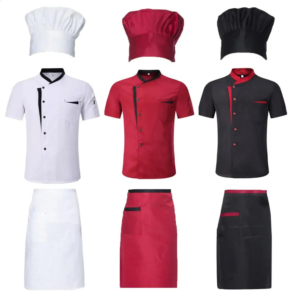 Sweat-wicking Chef Shirt el Kitchen Chef Uniform Set Hat Apron Shirt Unisex Stand Collar Short Sleeve Single-breasted 240814