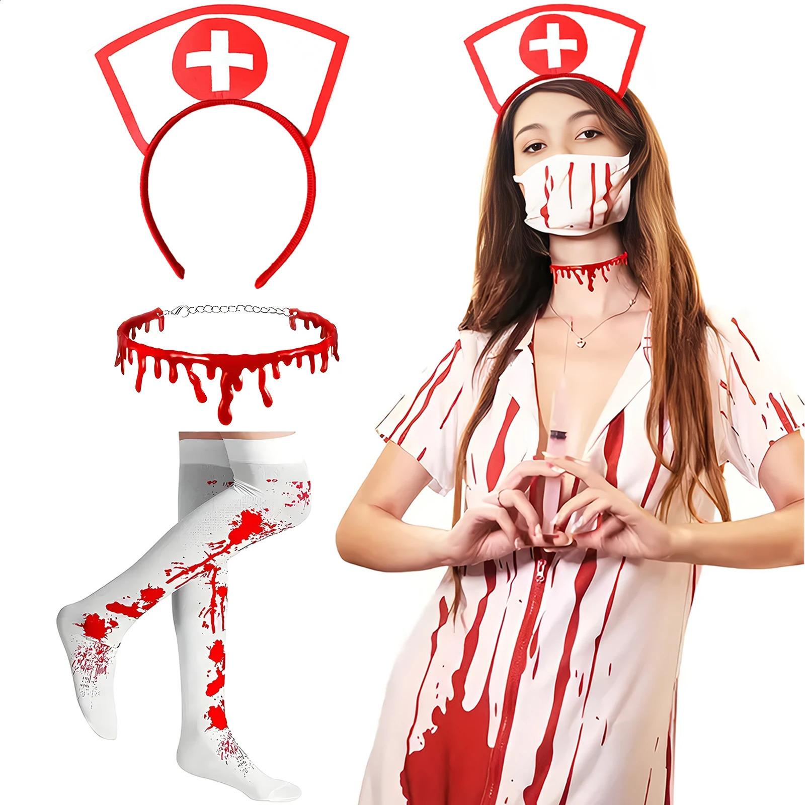 3 pieces of womens bloody nurse costumes headbands necklaces socks Halloween accessories roleplaying w240824