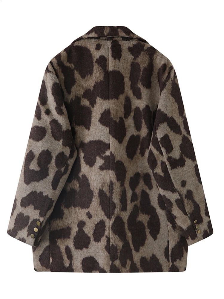 Winter Women Old Money Leopard Print Jacket 90s Vintage Blazer Woolen Coat Single-breasted Outwear Warm Thick Oversize Harajuku 240822