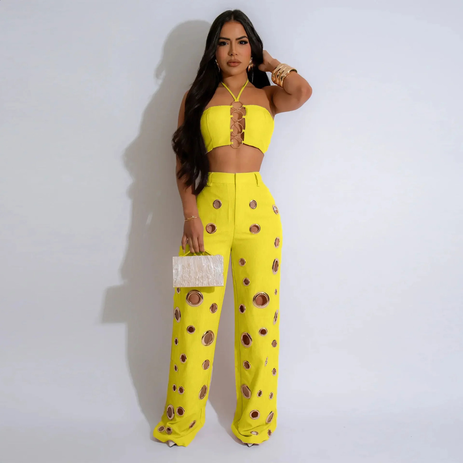CM.YAYA Women Set Sleeveless Strapless Tops Wide Leg Pants Two 2 Piece Set Hole Hollow Out Outfit Summer Sexy Street Tracksuit 240822
