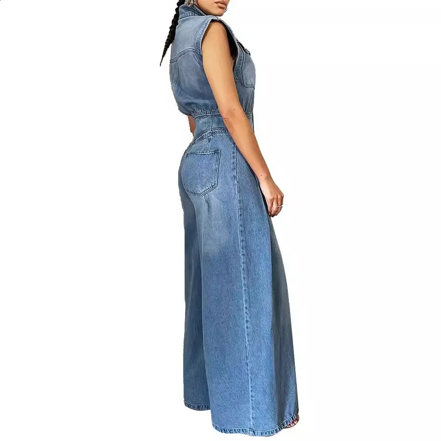 Jumpsuits Women One Piece Denim Jeans Overalls Sleeveless High Waist Turn Down Collar Wide Leg Long Pants Rompers Summer 240822