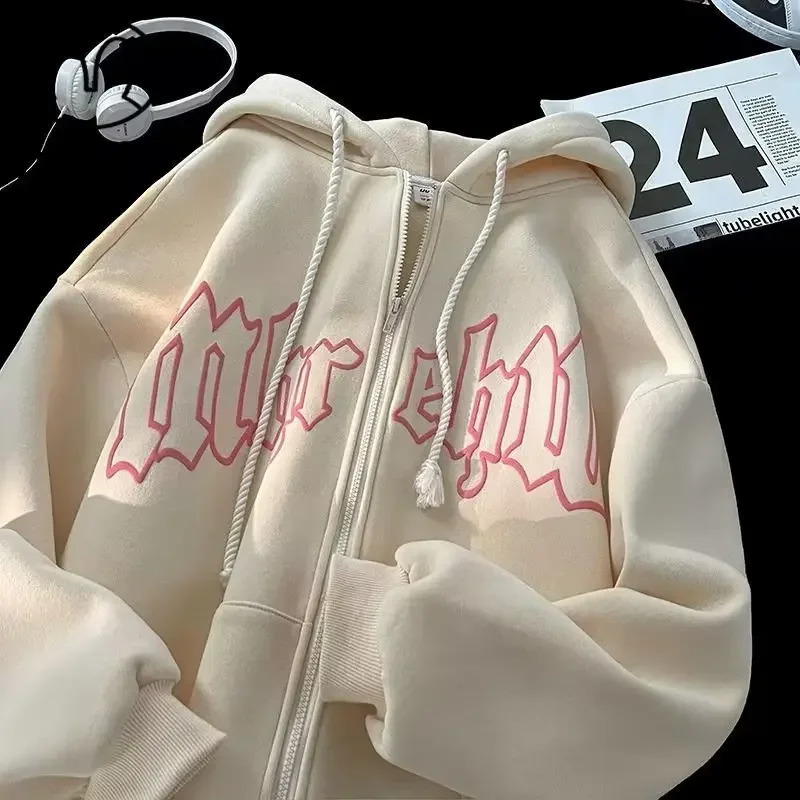 Autumn Mens Letter Foam Print Zip Up Hoodies Y2K Goth Streetwear Loose Sweatshirts Female Hip Hop Oversized Hoodie Tracksuit 240823