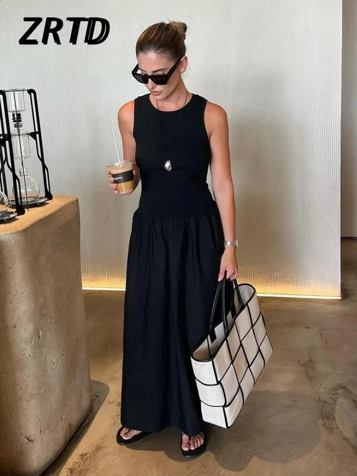 Elegant Patchwork Pleated Long Dress Women Slim O-neck Sleeveless Casual Female Dresses Autumn Lady Solid Vacation Robe 240822