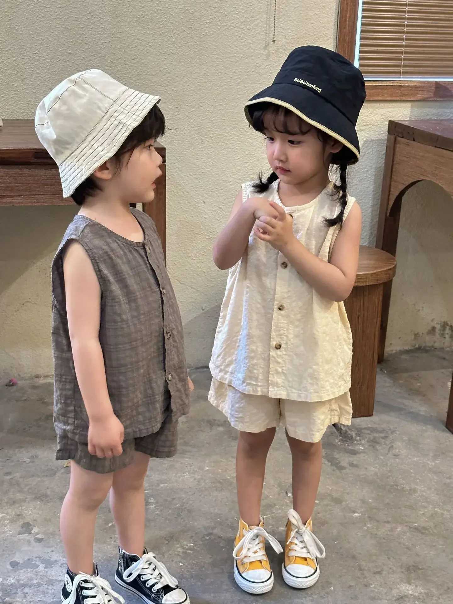 Summer Boys Clothes Set Childrens Summer Set Boys Pure Cotton Thin 2024 Girls Korean Casual Baby Tank Top Shorts W250218