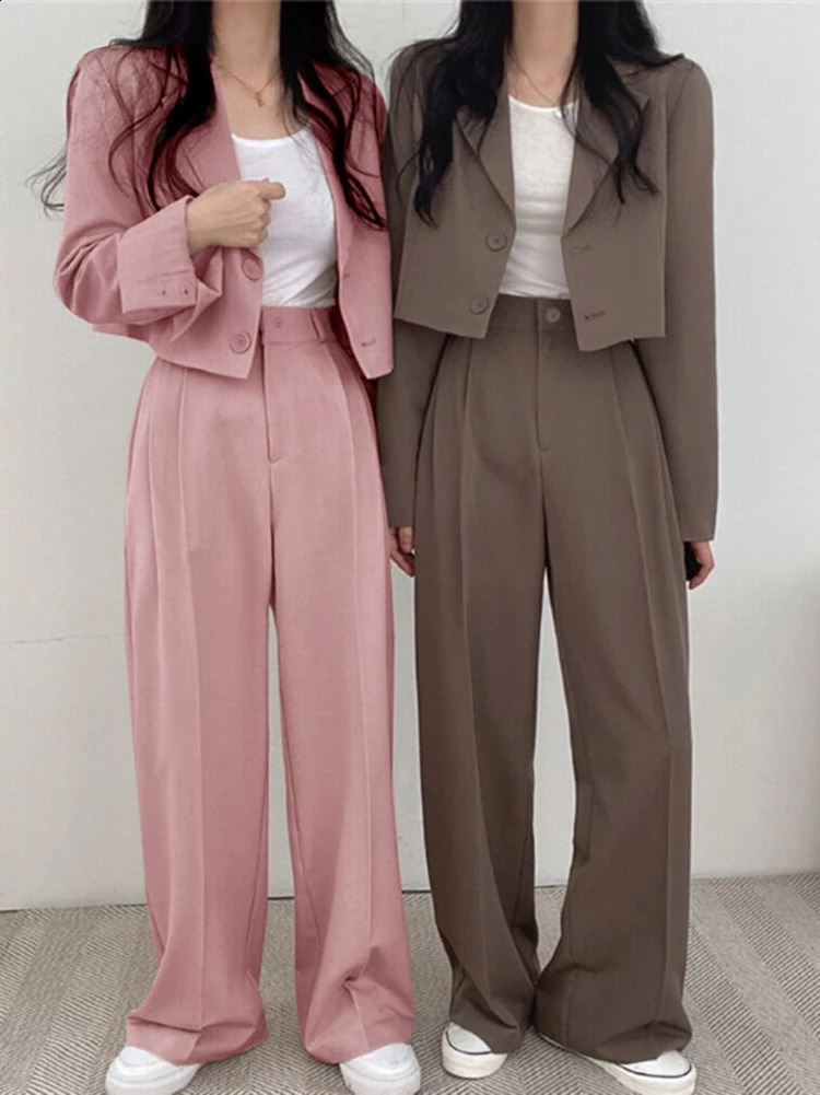 Korean OL Short Suits Sets Women Casual Loose Crop Blazers Jackets Conjunto High Waist Wide Leg Pants Ensemble Offcie Outfit 240809